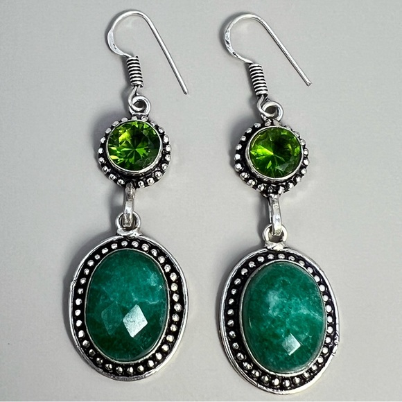 New Faceted Enhanced Green Emerald Stone and Sim Peridot Silver Overlay Earrings - Picture 2 of 7